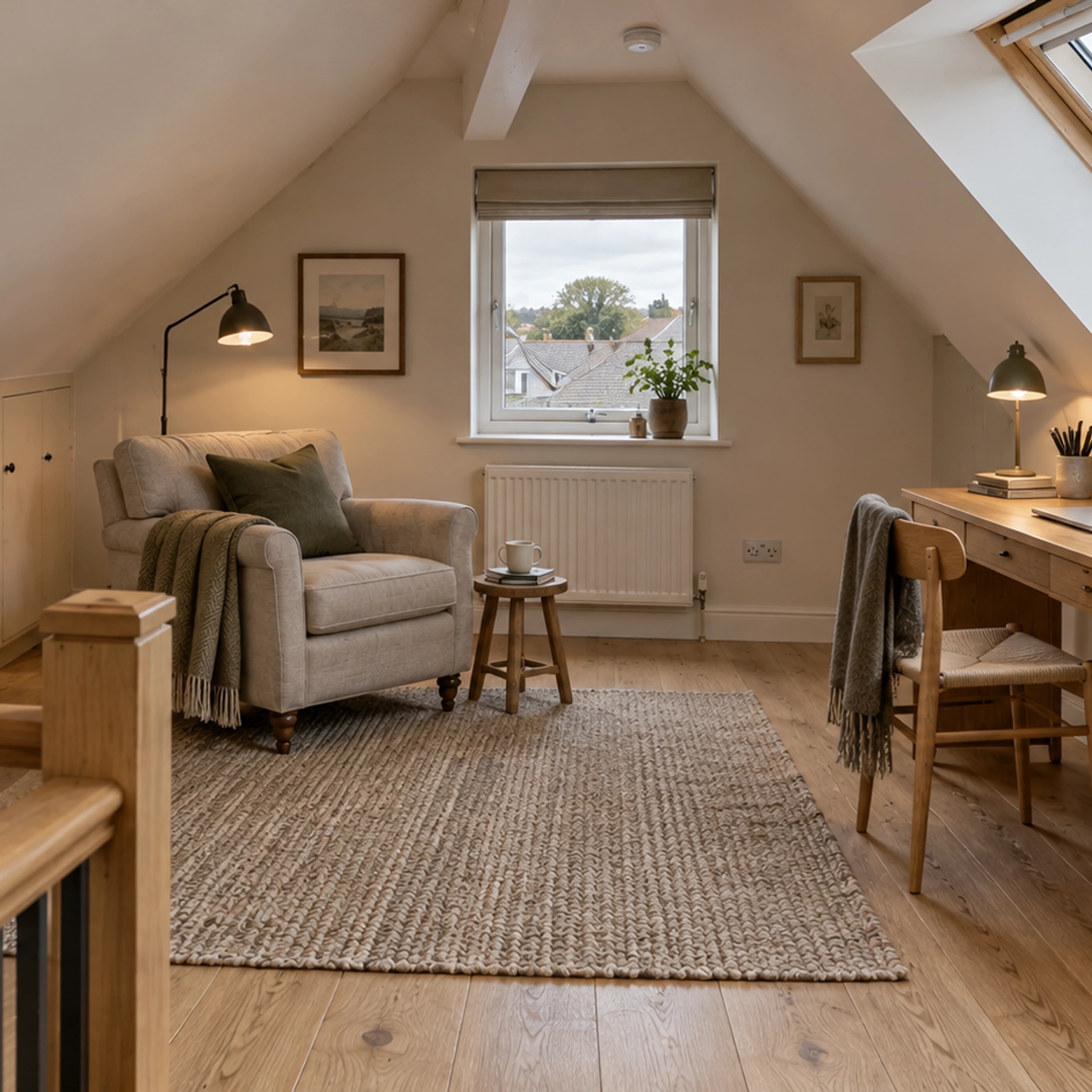 Finished attic study with a guarded staircase, fitted eaves storage and natural roof light