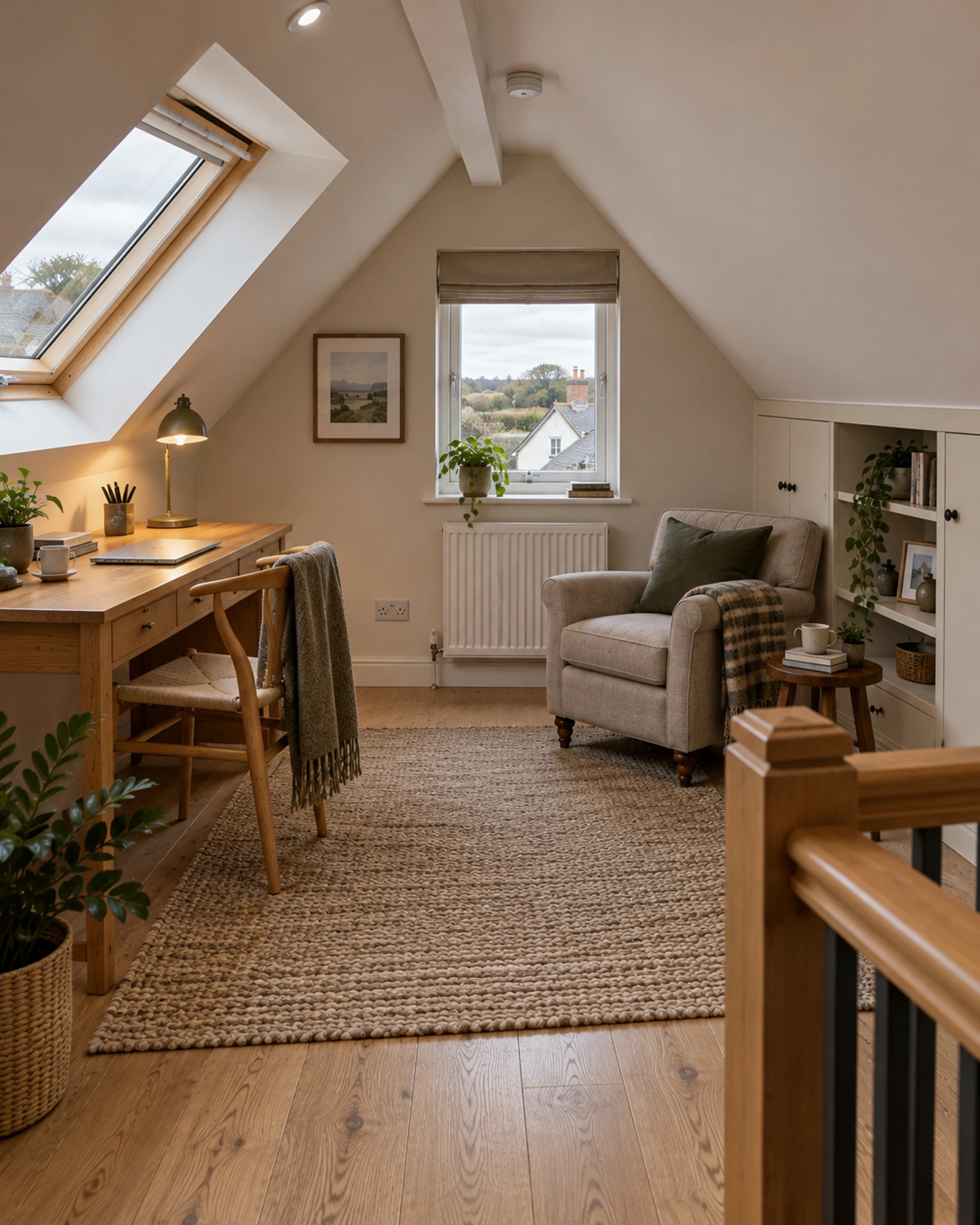 Completed attic home office with a guarded staircase, fitted eaves storage and natural roof light