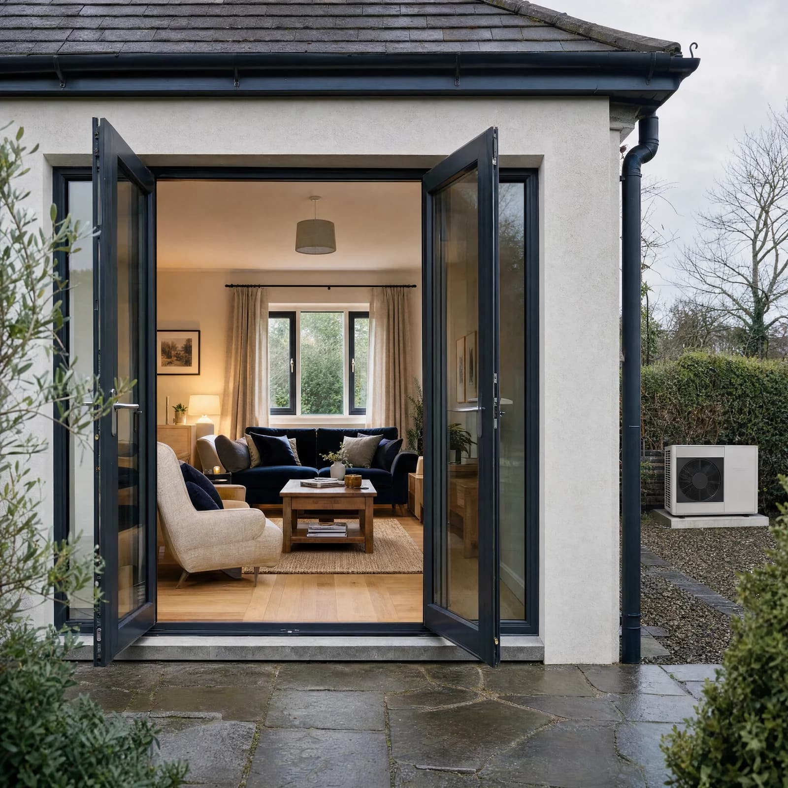 Garden-facing extension with wide glazed doors and a finished family living space