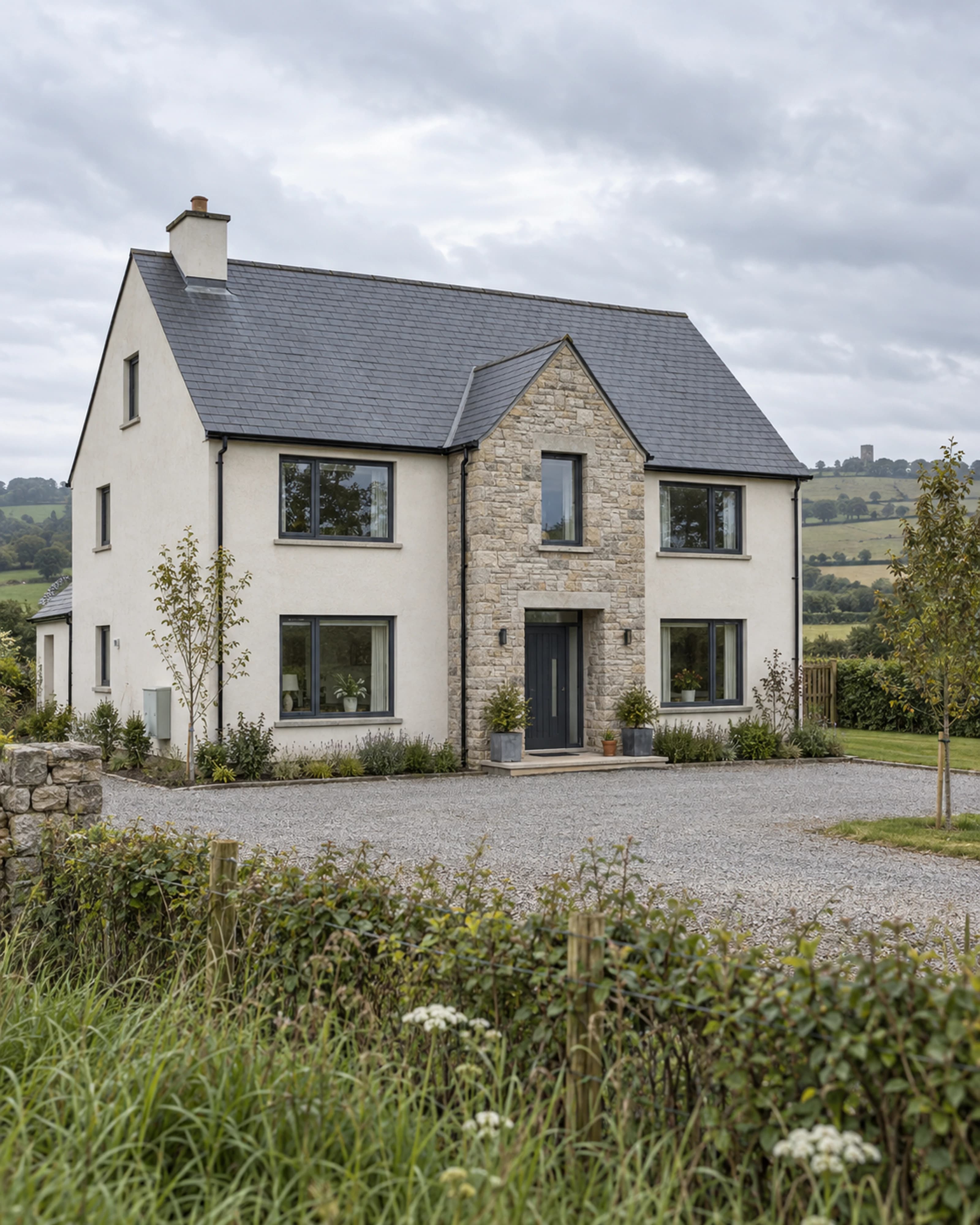 Contemporary rural Irish home finished in render and local stone