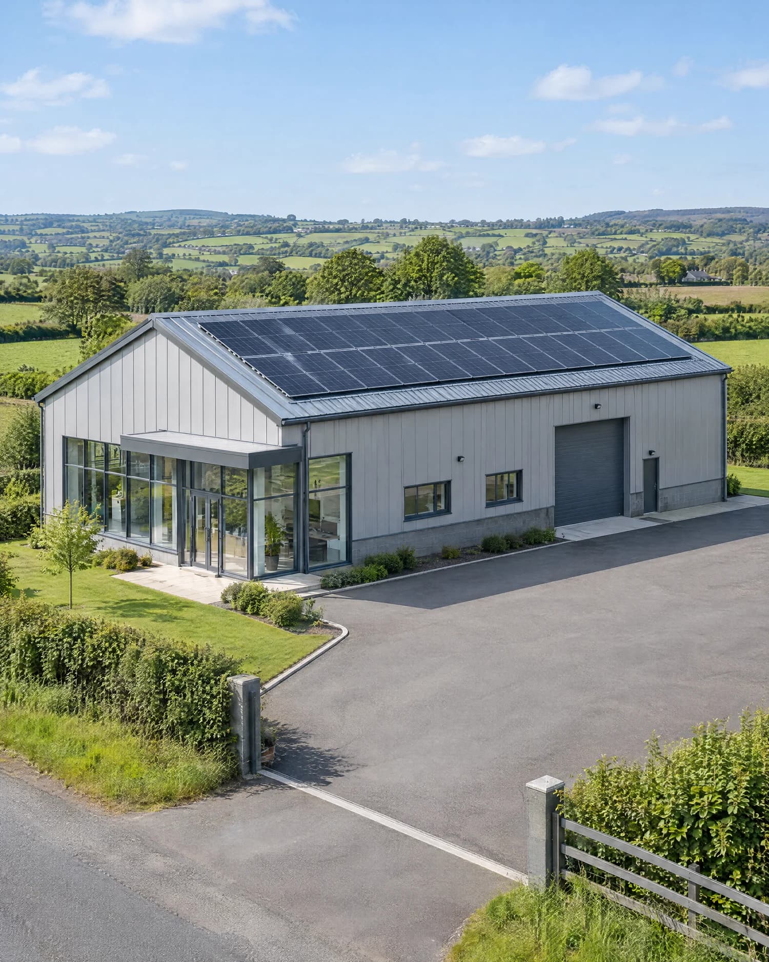 Architectural concept of a light-grey Irish workshop with rooftop solar panels and a glazed office entrance