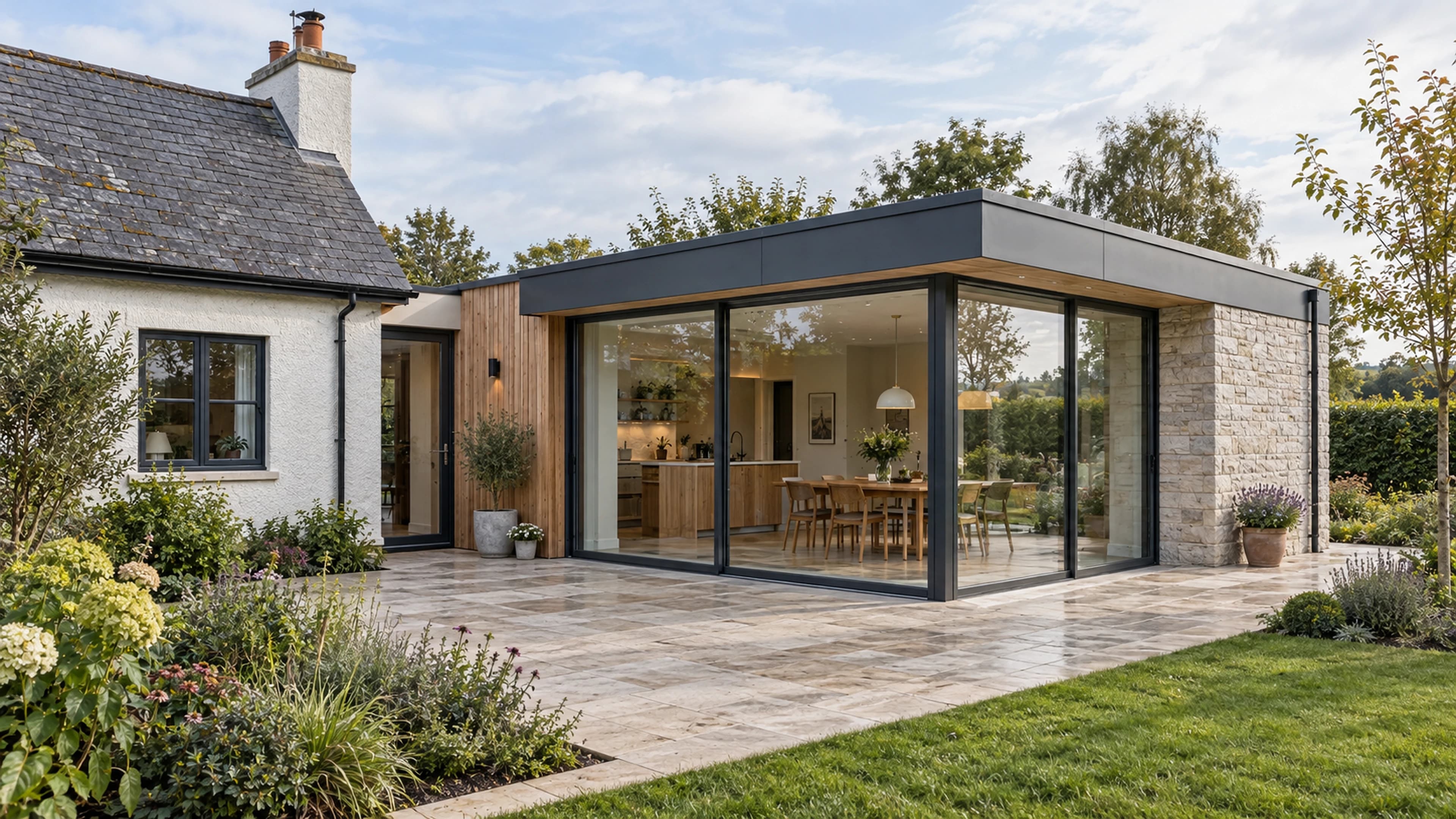 Contemporary garden-facing extension joined to an established Irish home