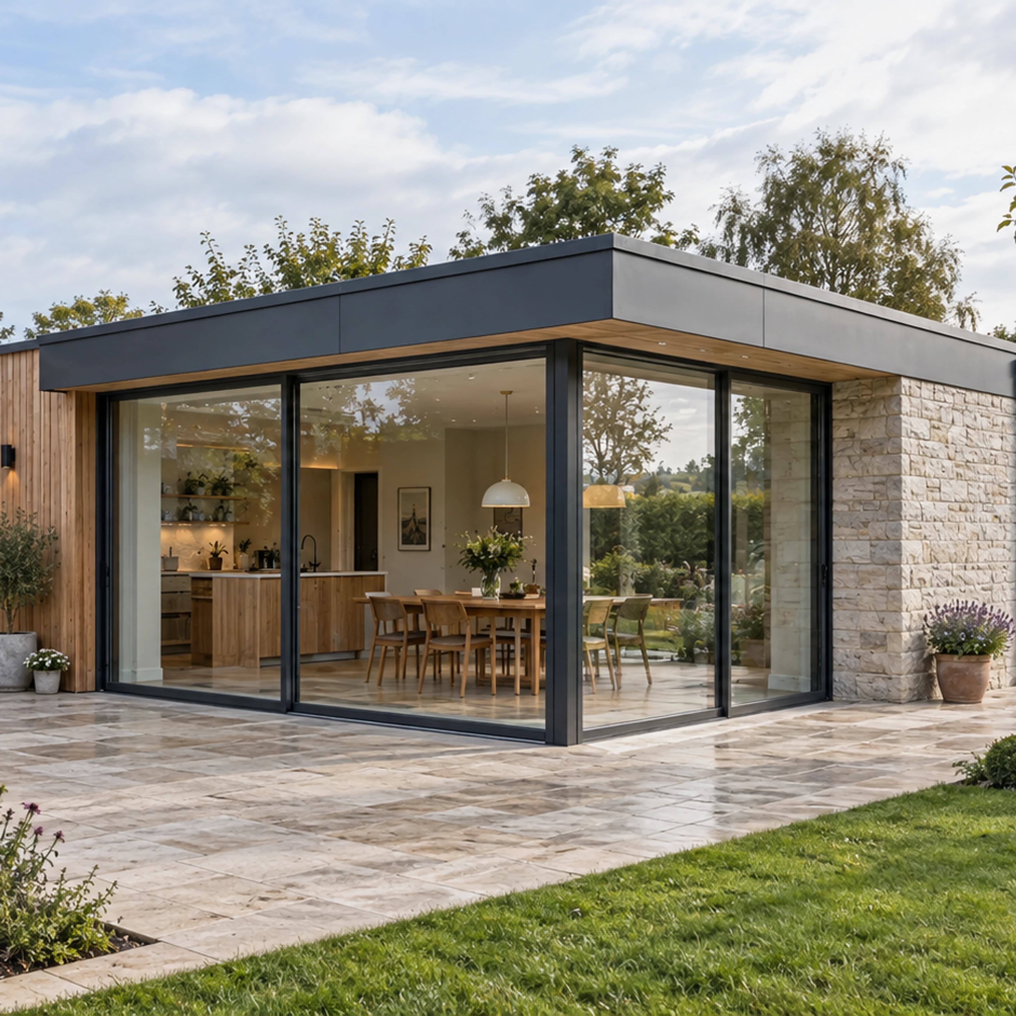 Contemporary garden-facing extension joined to an established Irish home