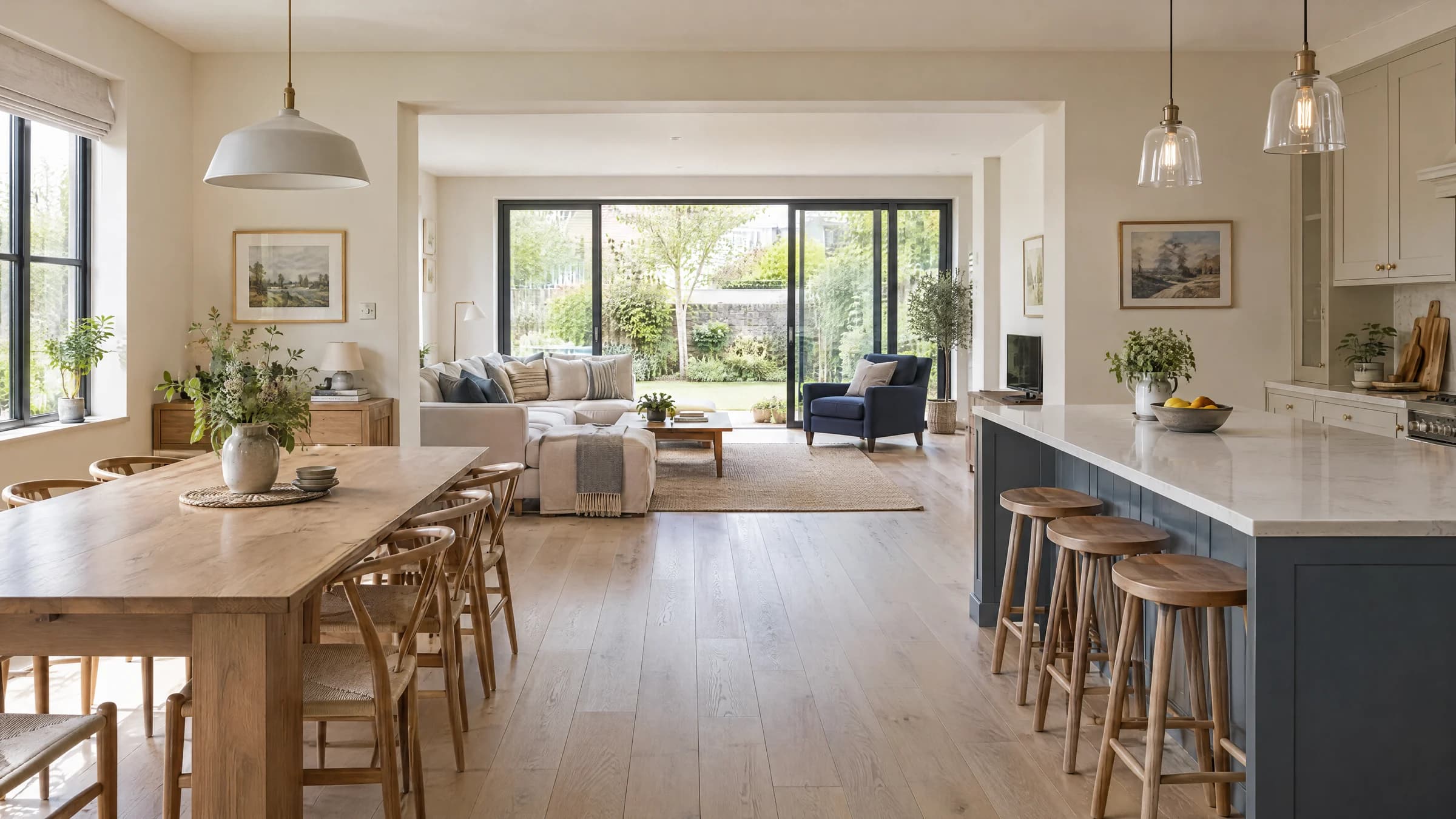Architectural design concept of a light-filled connected kitchen, dining and living space