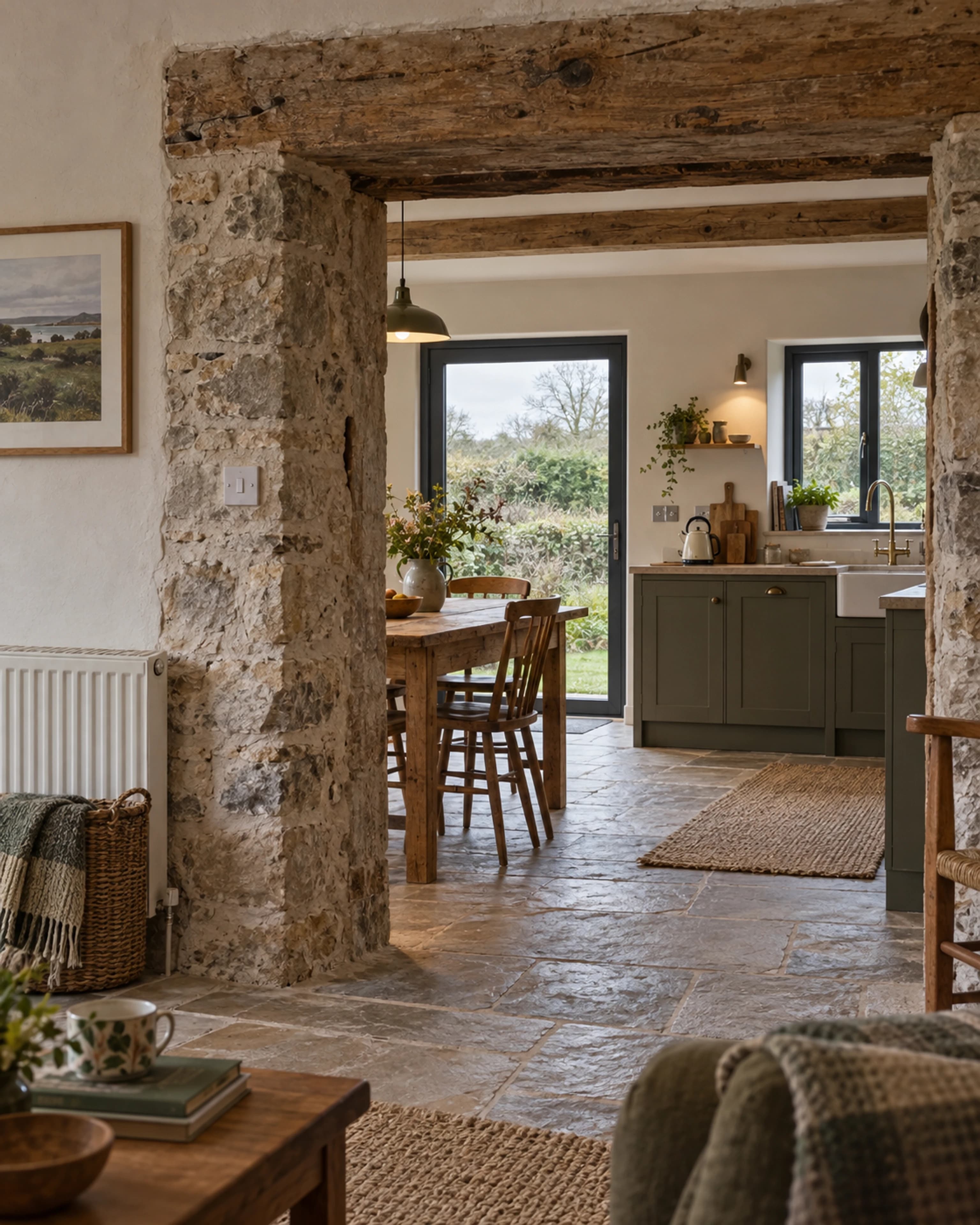 Traditional stone and timber opening retained beside a sensitively renovated Irish kitchen