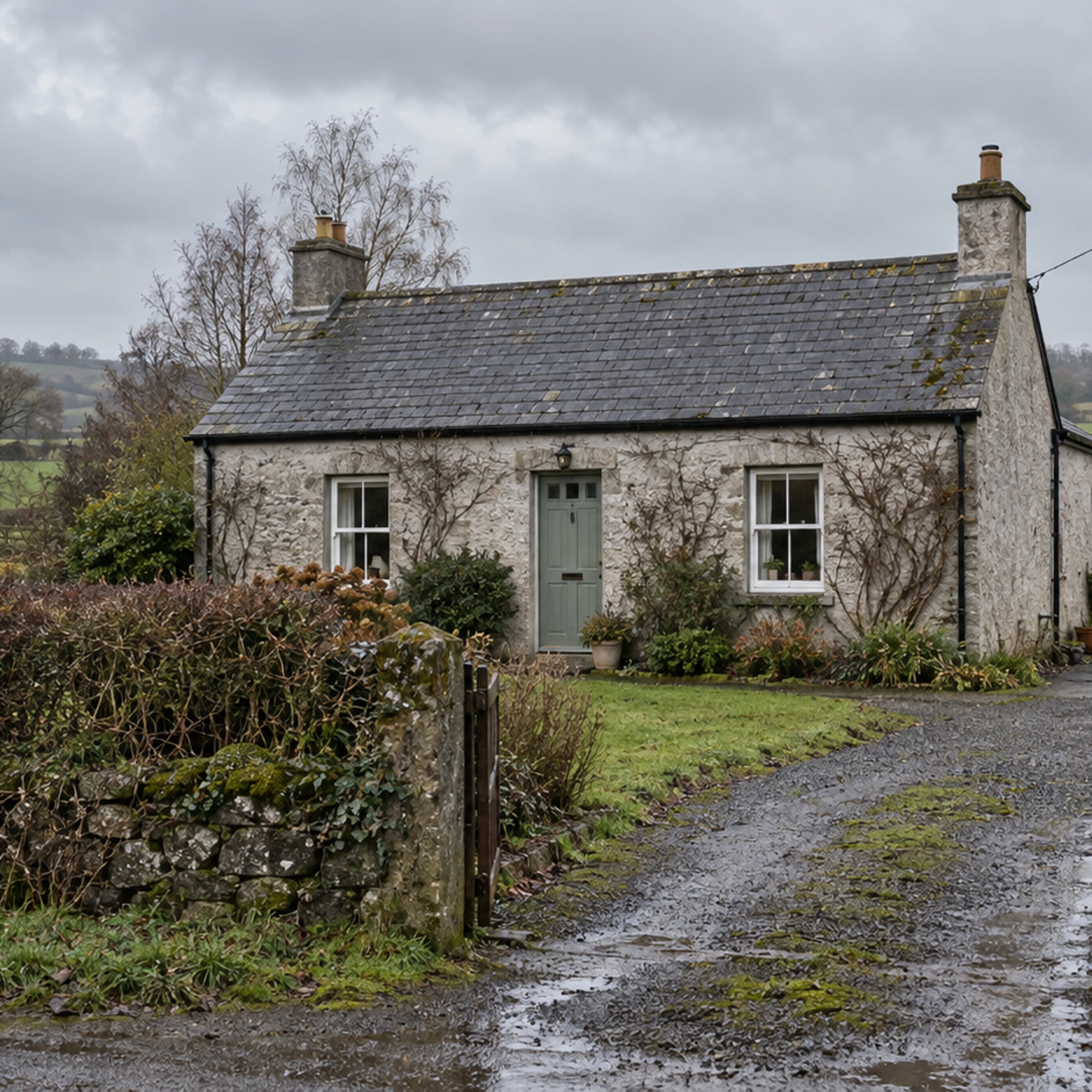 Traditional Irish cottage with natural slate, weathered masonry and established hedgerows