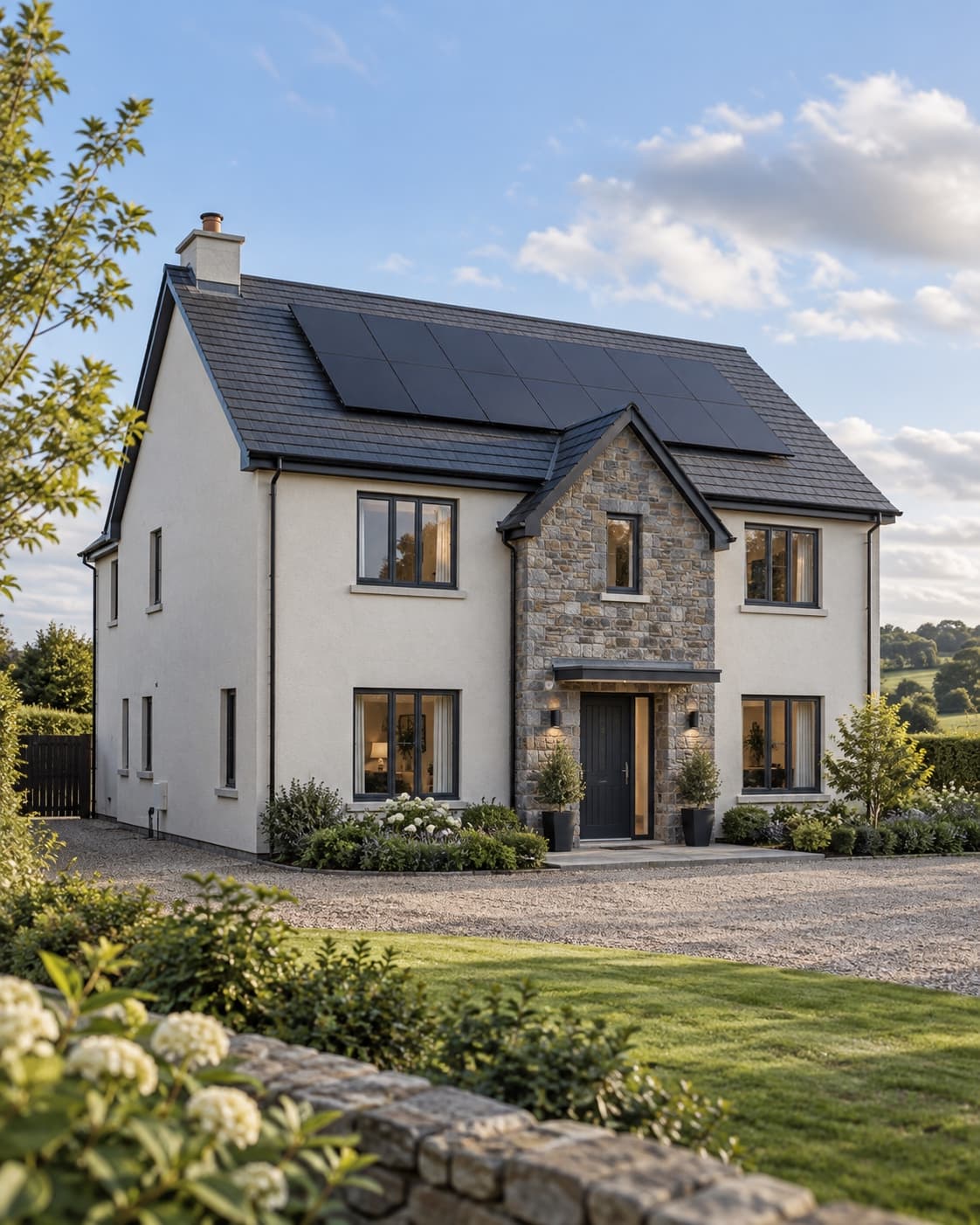 Welcoming completed Irish home with a neatly installed rooftop solar array