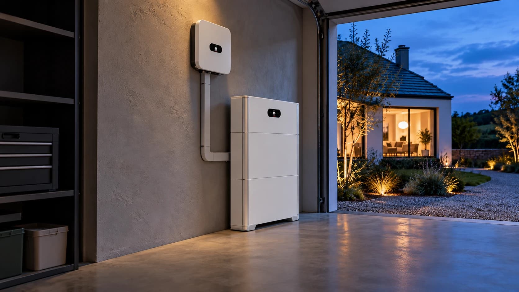 Architectural concept featuring Huawei LUNA2000-style battery storage and a SUN2000-style inverter beside a warmly lit Irish home at dusk