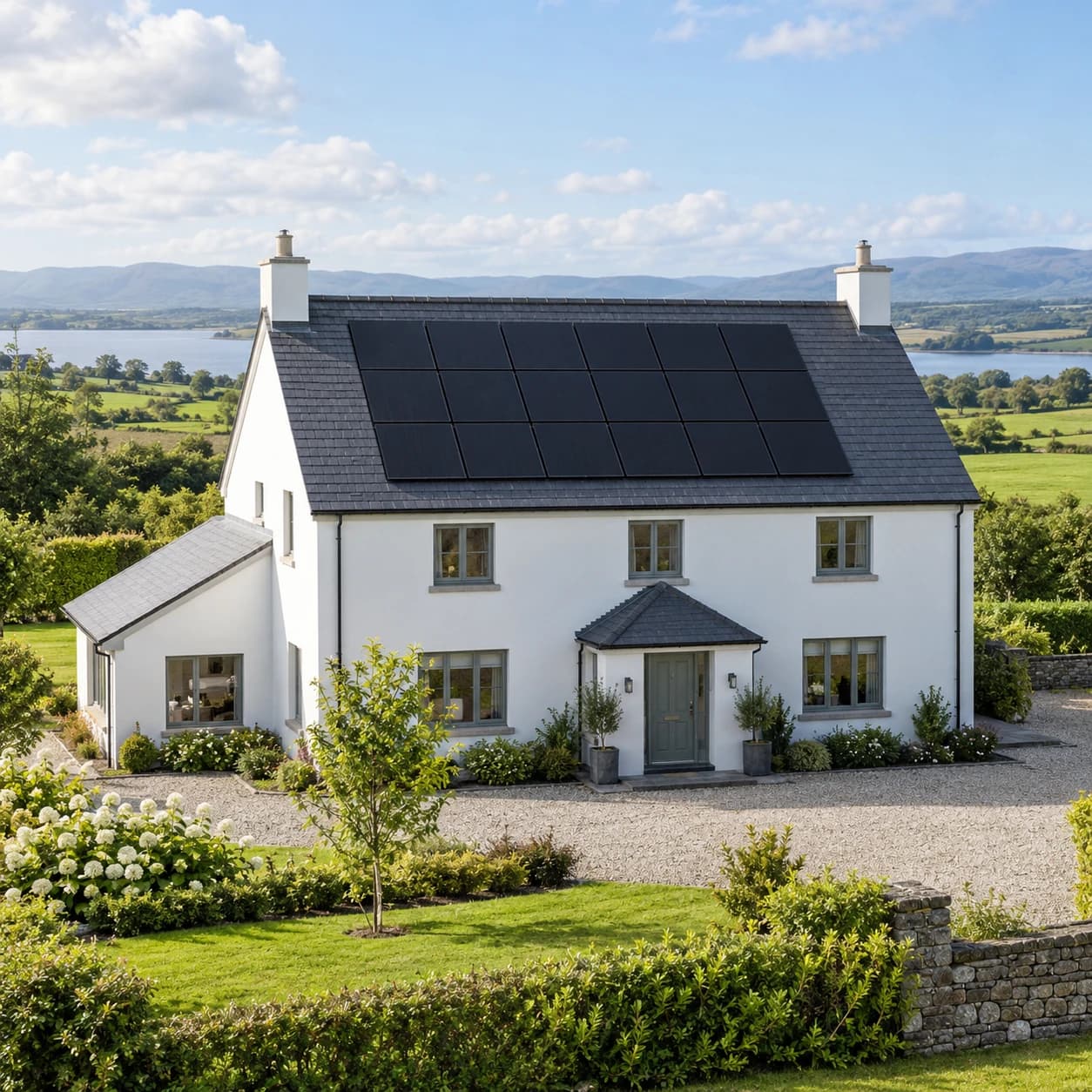 Architectural visualisation of a white home with rooftop solar panels overlooking a rural landscape