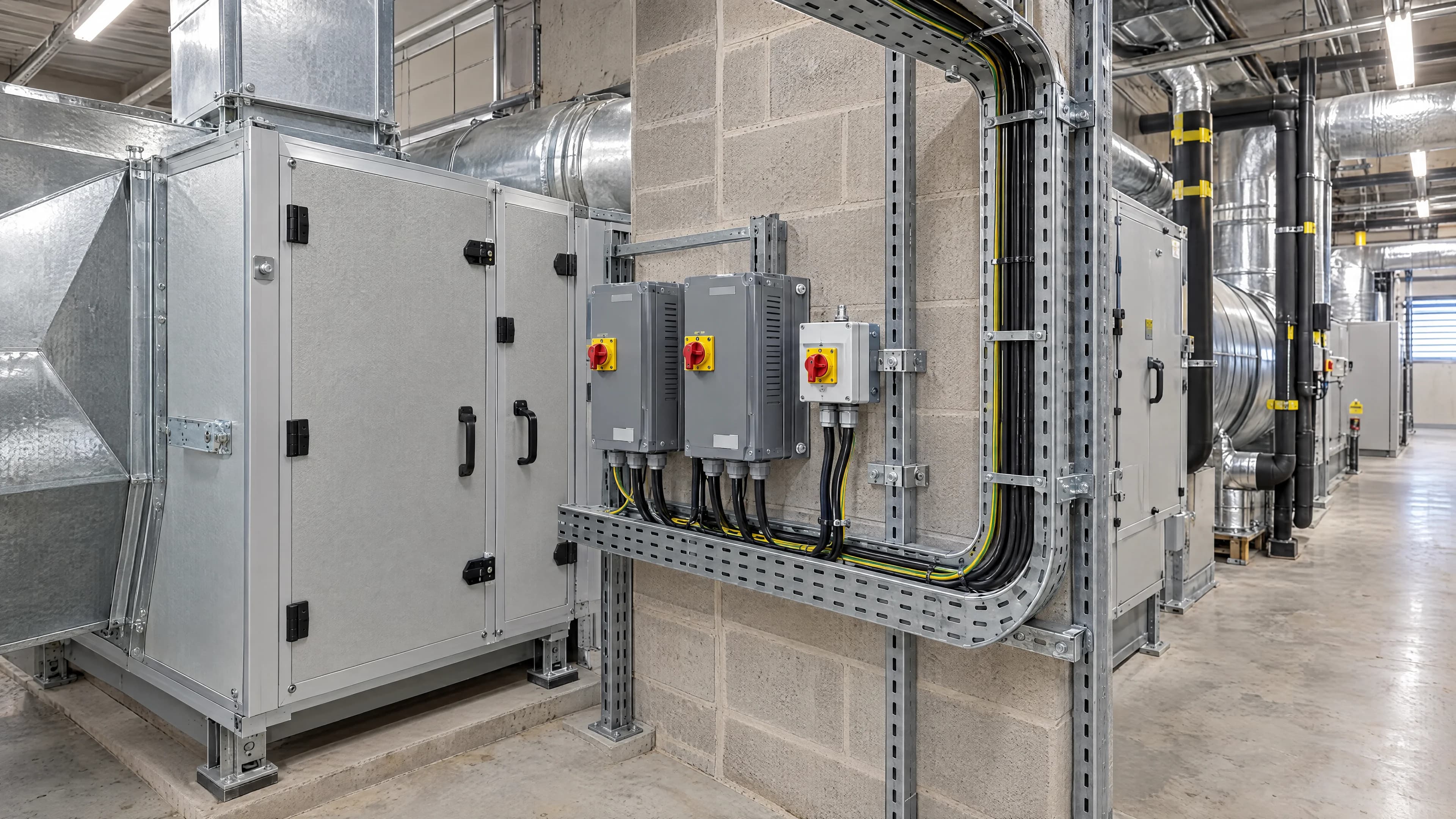 Commercial air-handling plant with local electrical isolators, organised cable tray and galvanised steel channel supports