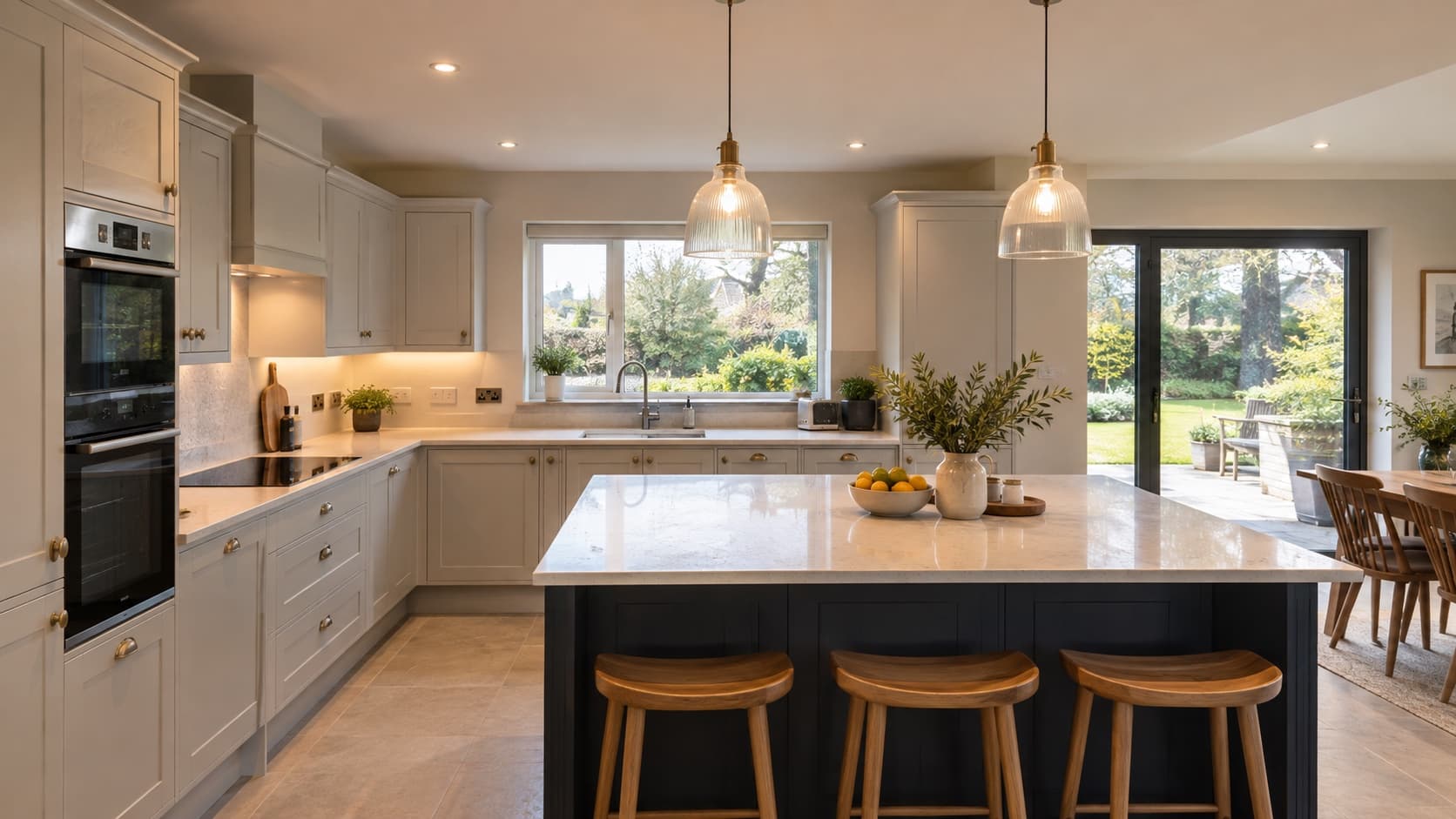 Freshly renovated kitchen with recessed ceiling lights, pendant lights and under-cabinet task lighting