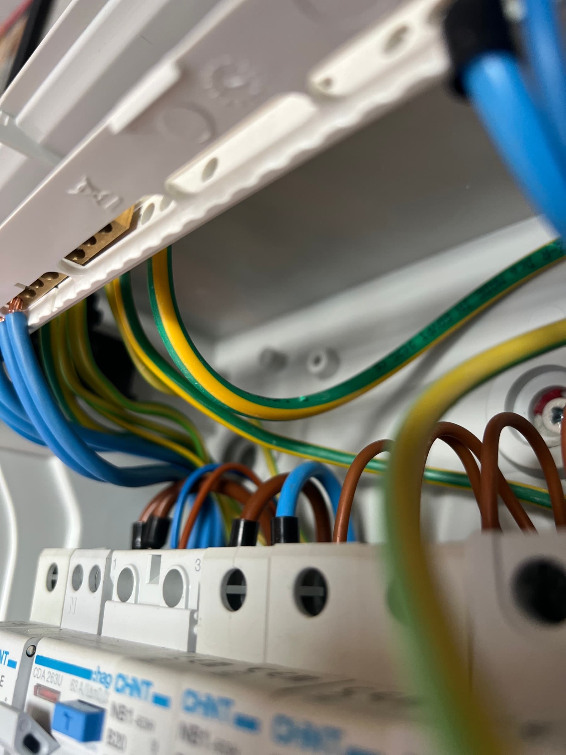 Macro detail of neatly arranged domestic consumer-unit conductors and protective devices during installation