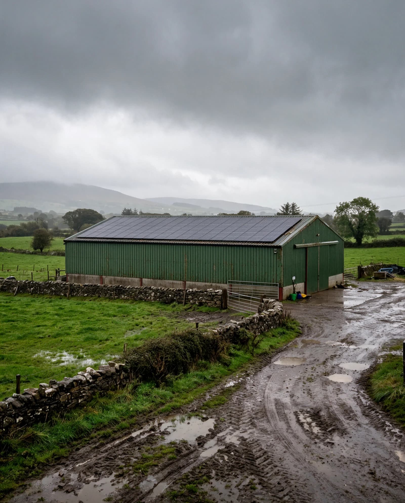Concept view of solar panels on a green farm shed beside a stone wall and farm access lane