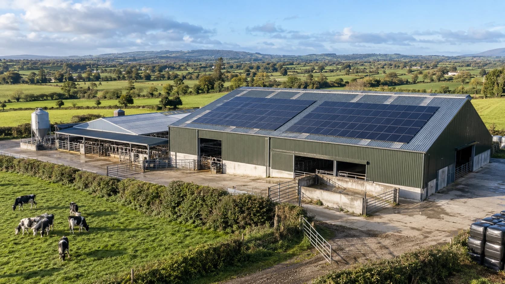 Architectural concept of an Irish dairy farm with solar panels on a green agricultural shed and cows in neighbouring pasture