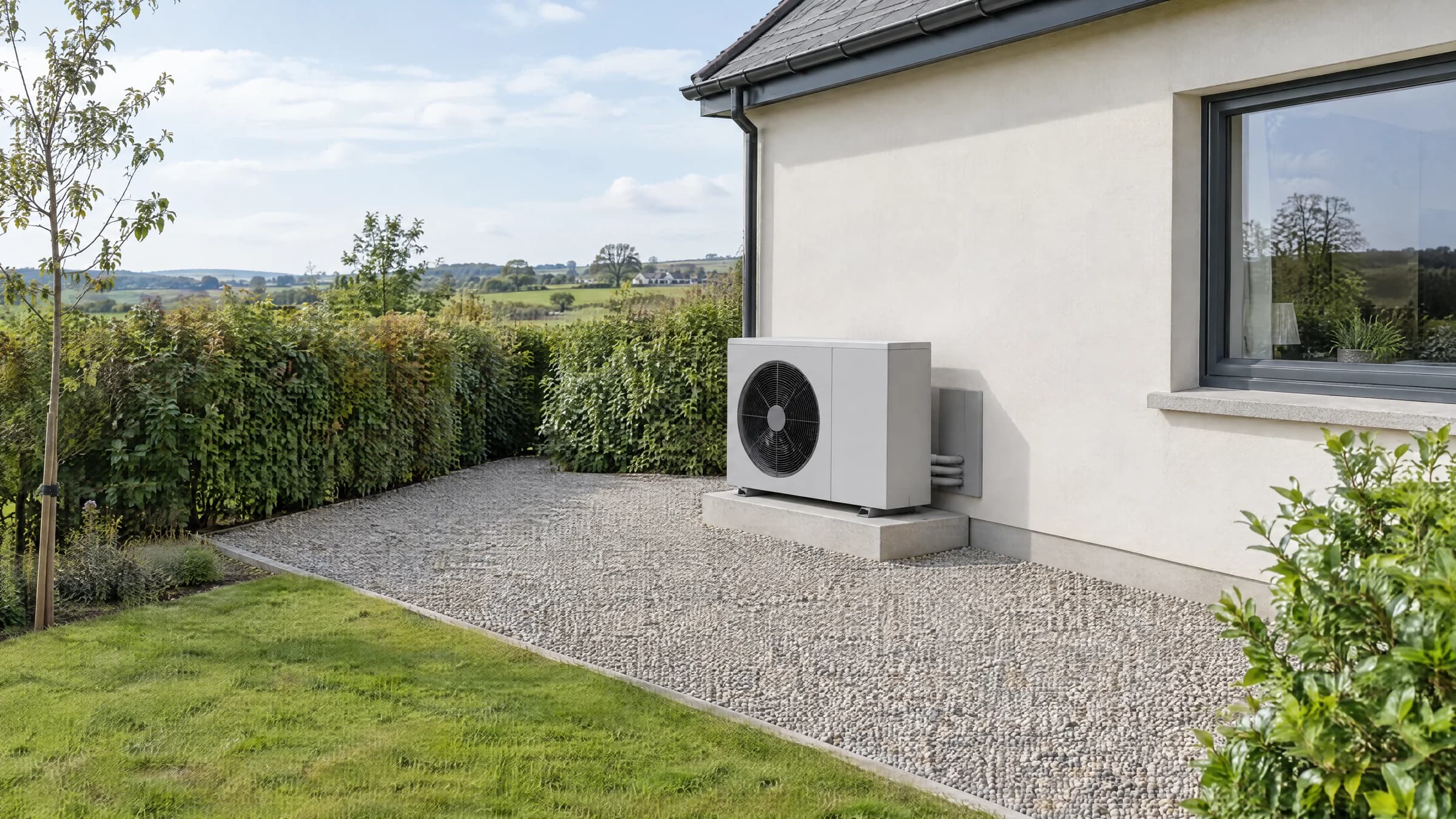 Architectural design concept of a brand-neutral air-to-water heat pump beside an Irish home