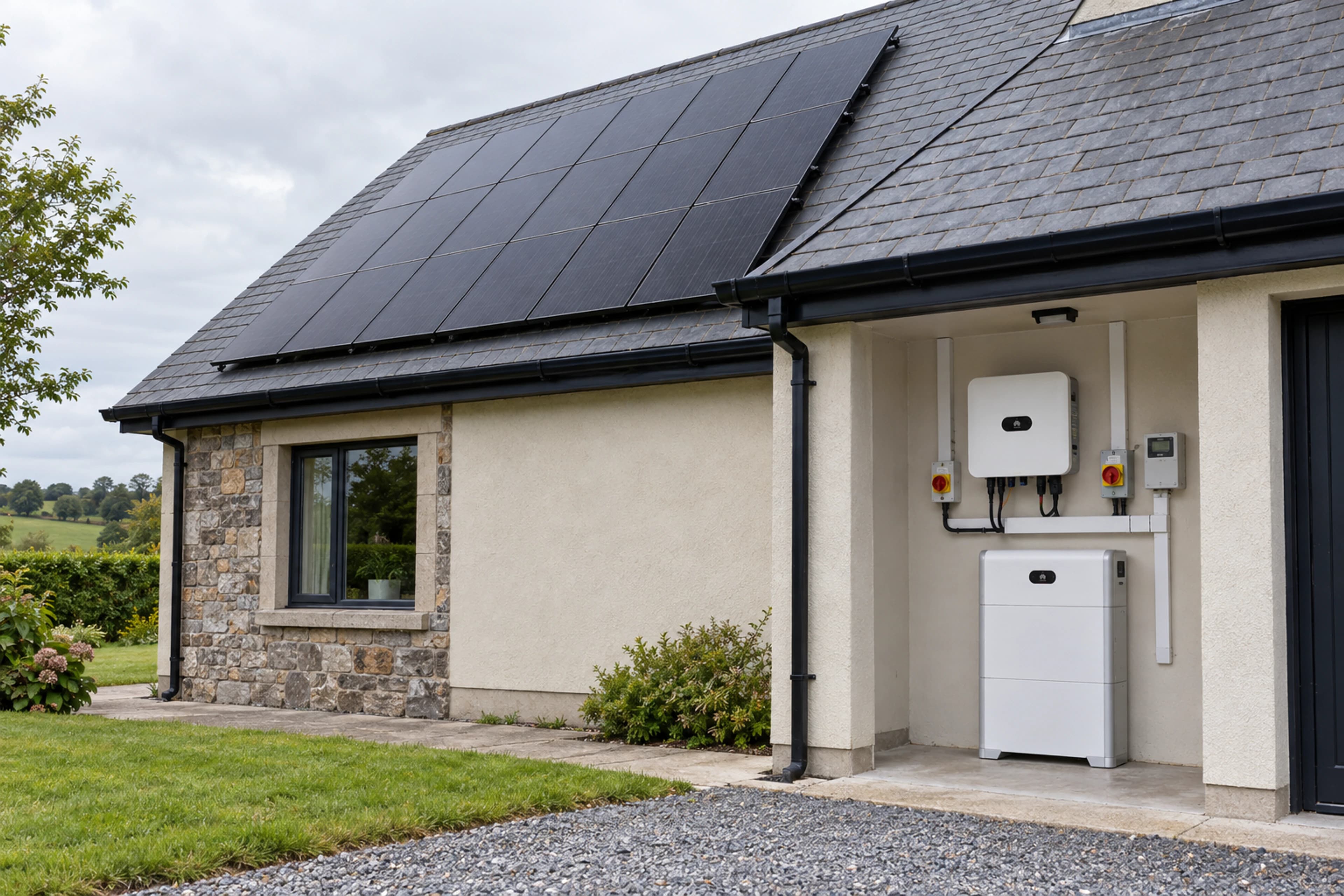 Solar panels, a Huawei inverter and LUNA2000 home battery installed on an Irish home