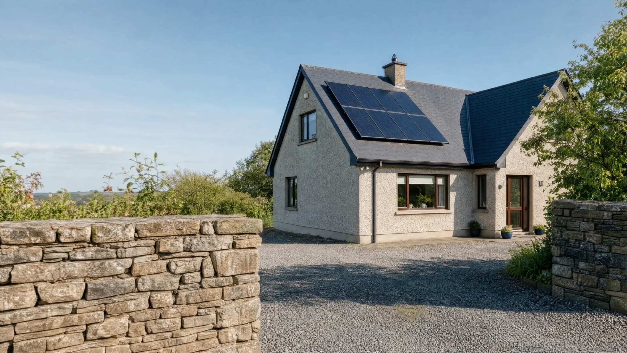 Architectural visualisation of an Irish solar home behind a stone garden wall