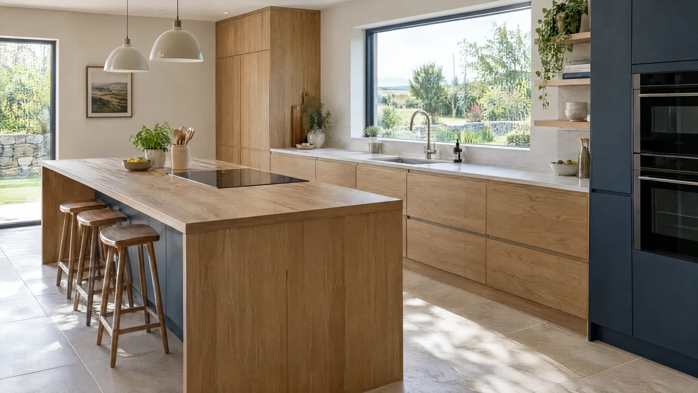 Design concept of a daylight-filled kitchen with oak cabinetry and a garden-facing sink