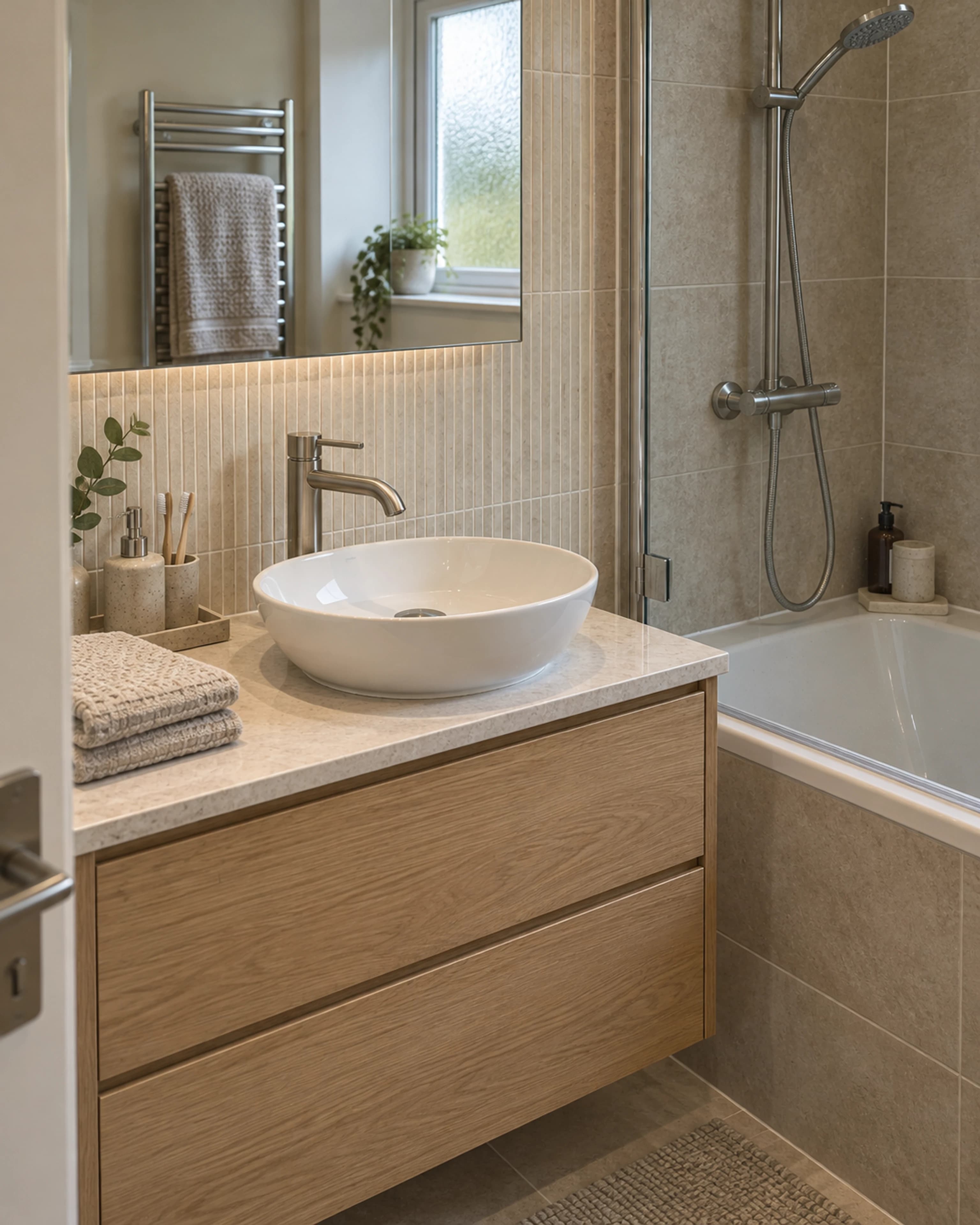 Finished vanity, bath and shower junction with realistic tile, grout and fittings