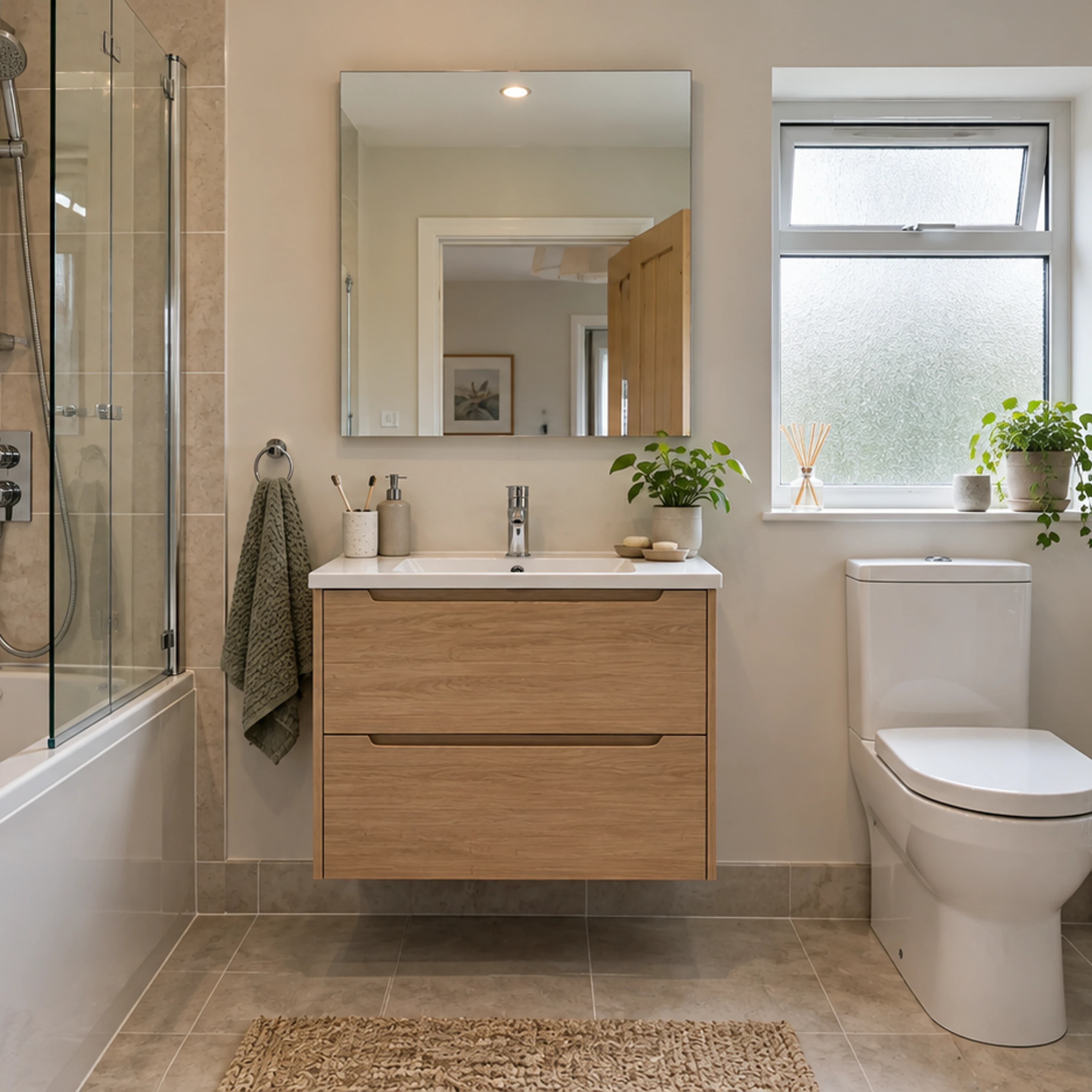 Compact renovated family bathroom with bath shower, vanity, frosted window and towel radiator