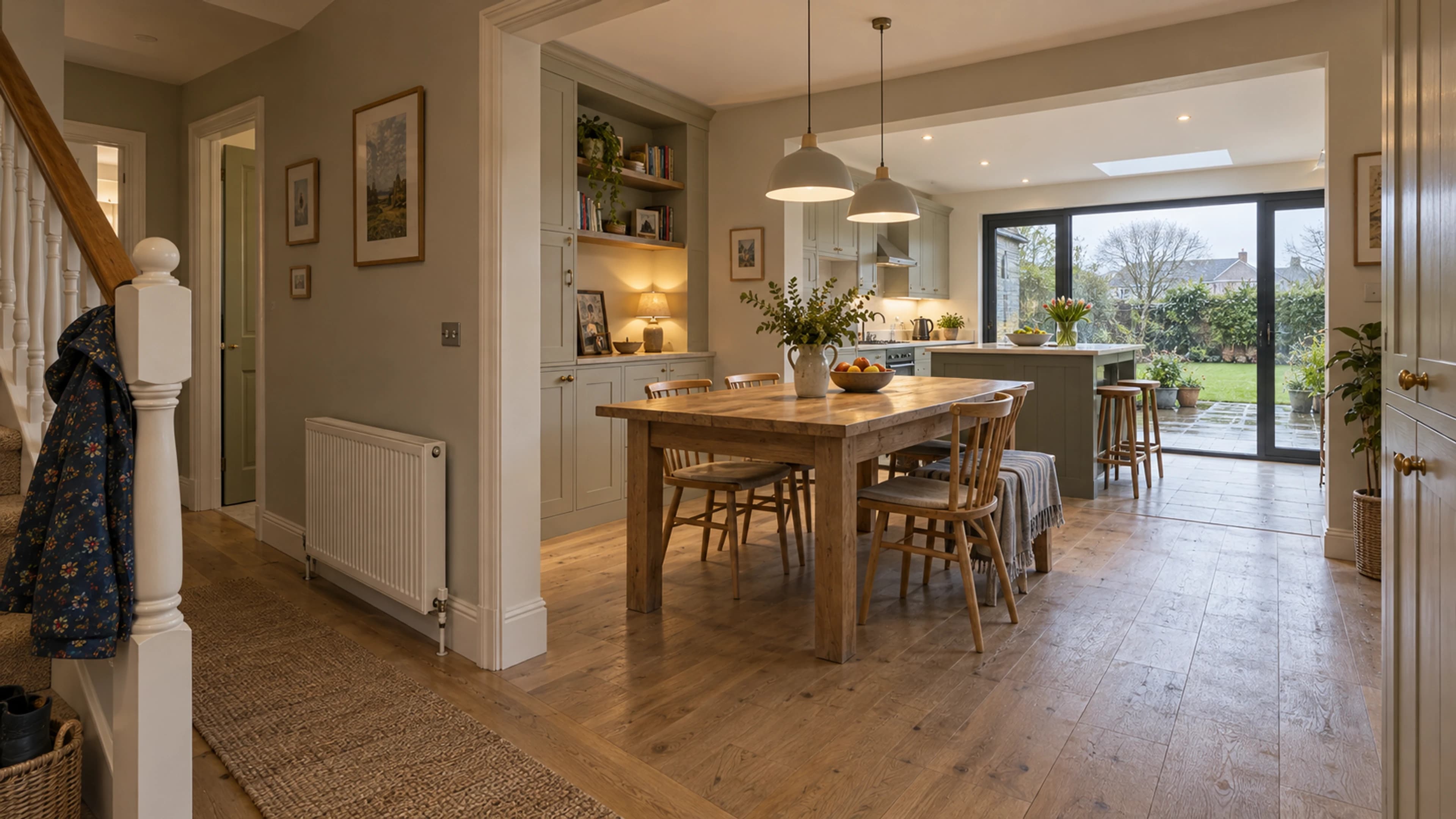 Retained hallway opening into connected dining, kitchen and family spaces