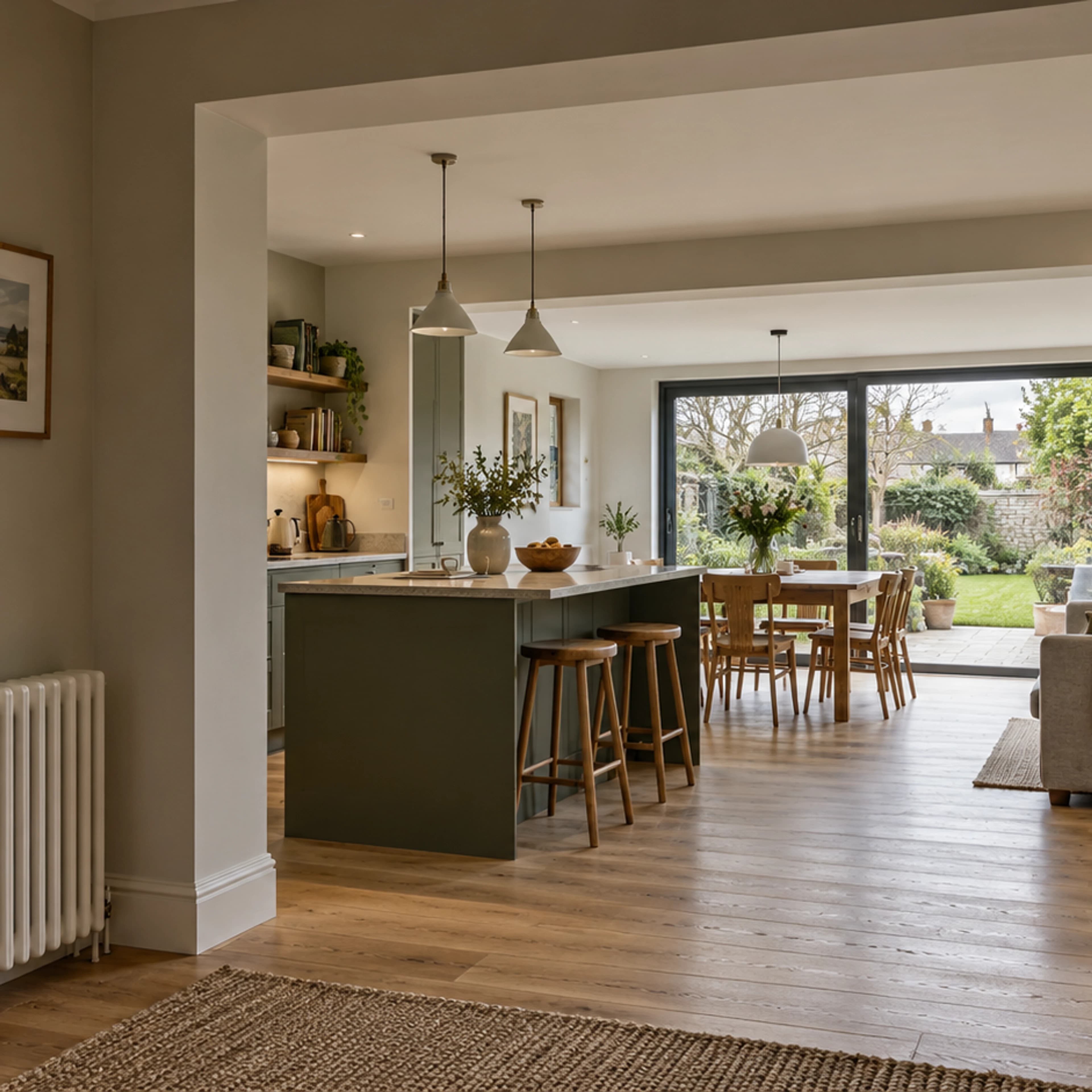 Connected hallway, dining and kitchen spaces in a coordinated Irish home renovation