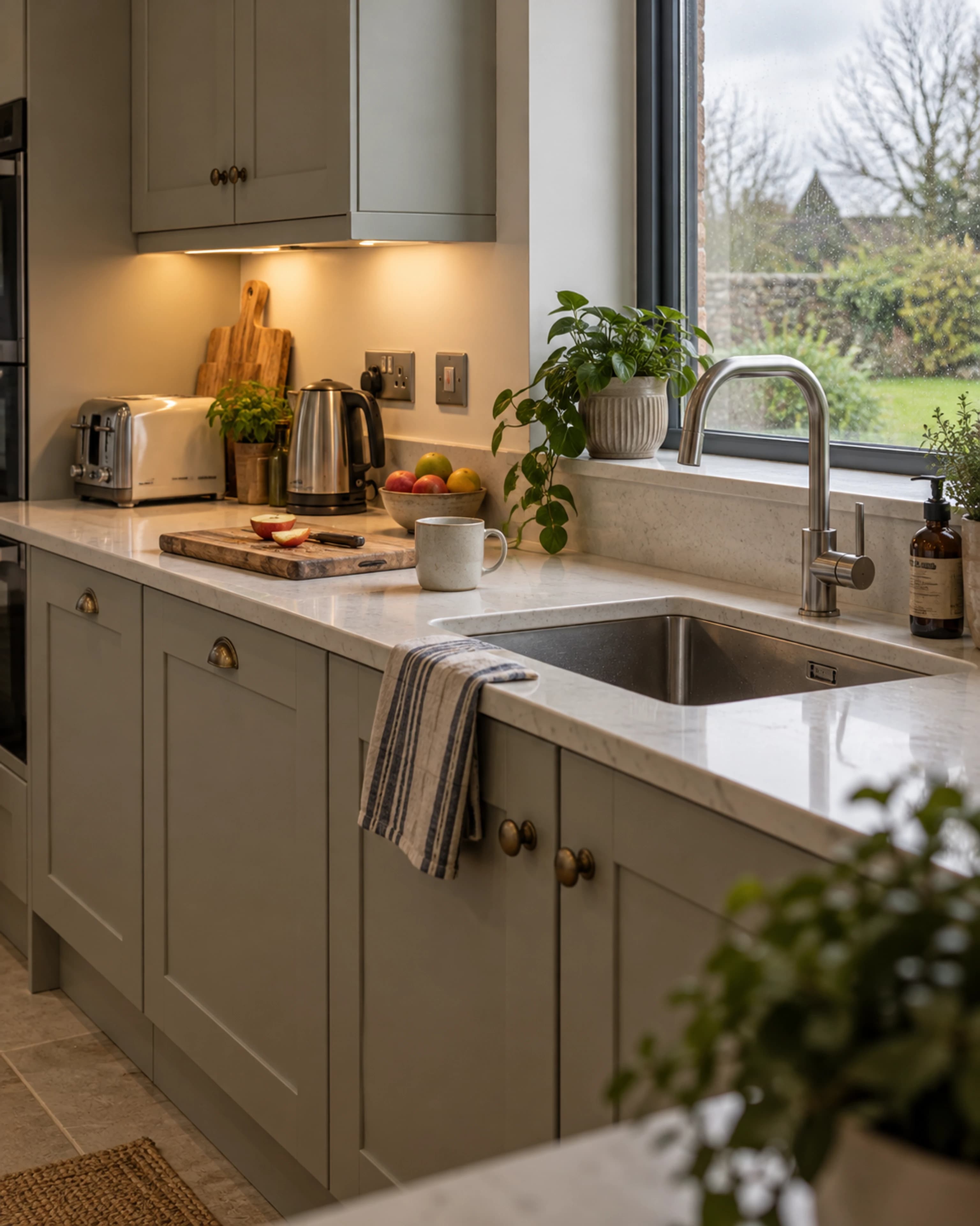Detailed kitchen preparation and sink area with task lighting and everyday appliances