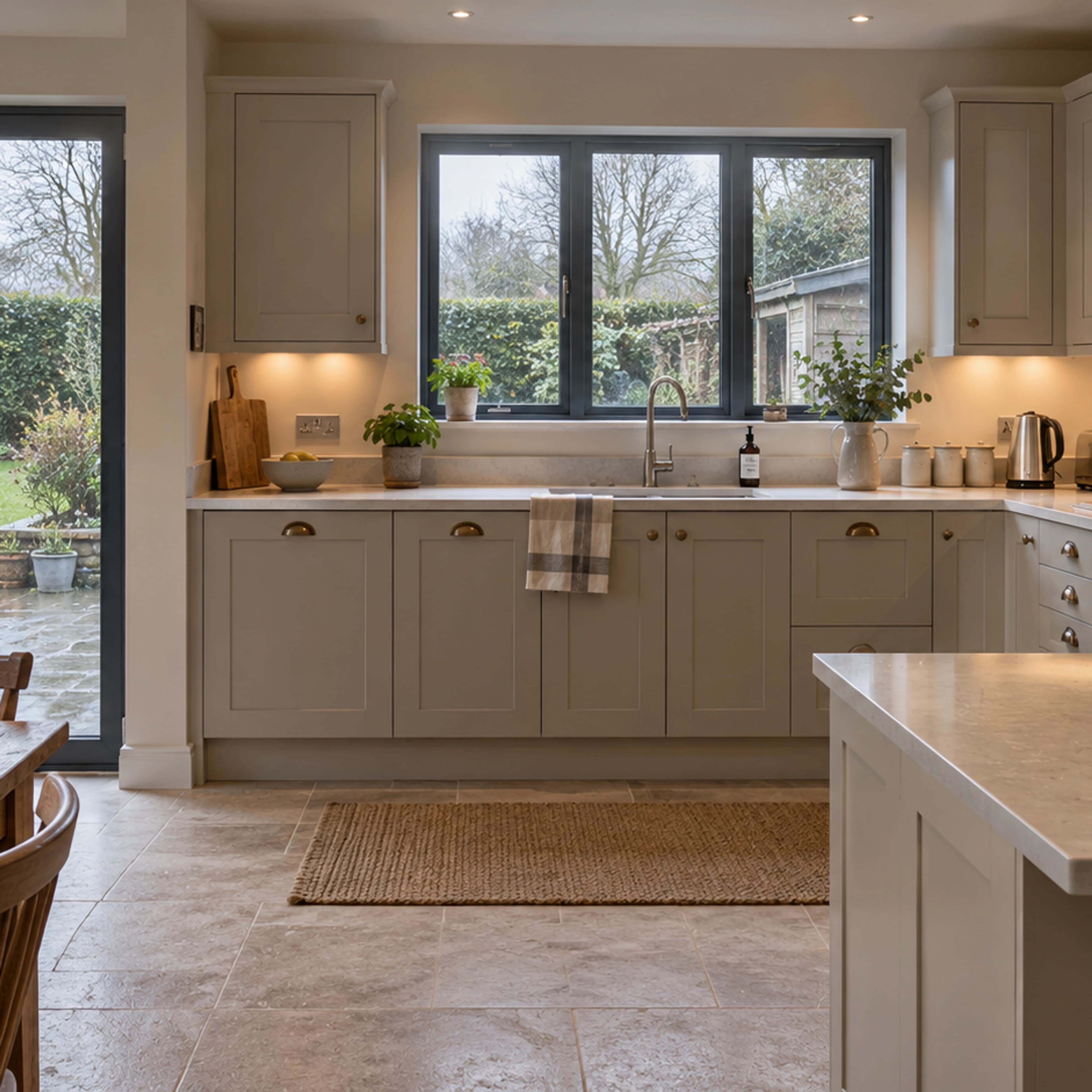 Practical renovated family kitchen with fitted storage, task lighting and a garden outlook