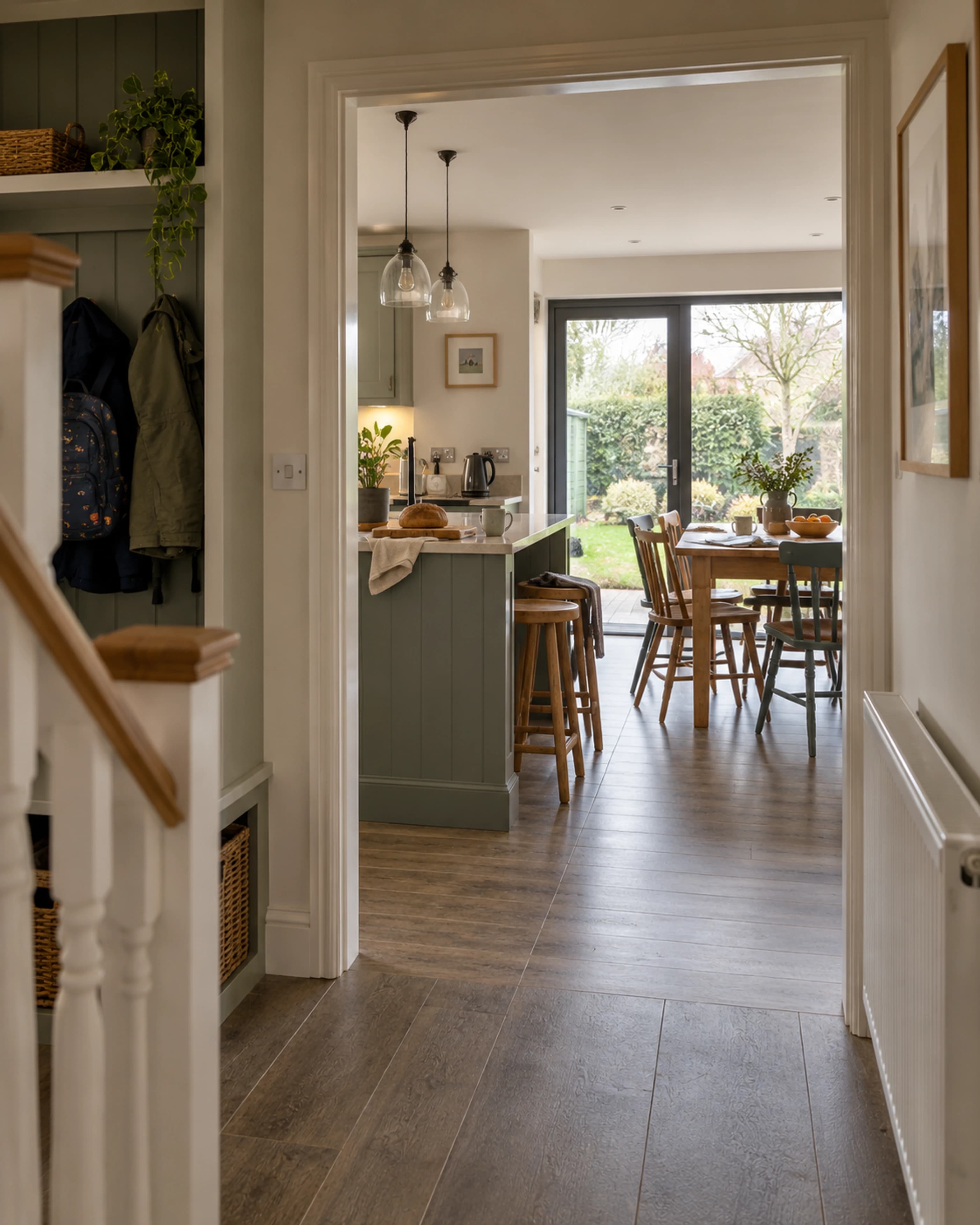 Hallway opening into a practical renovated family kitchen and dining space