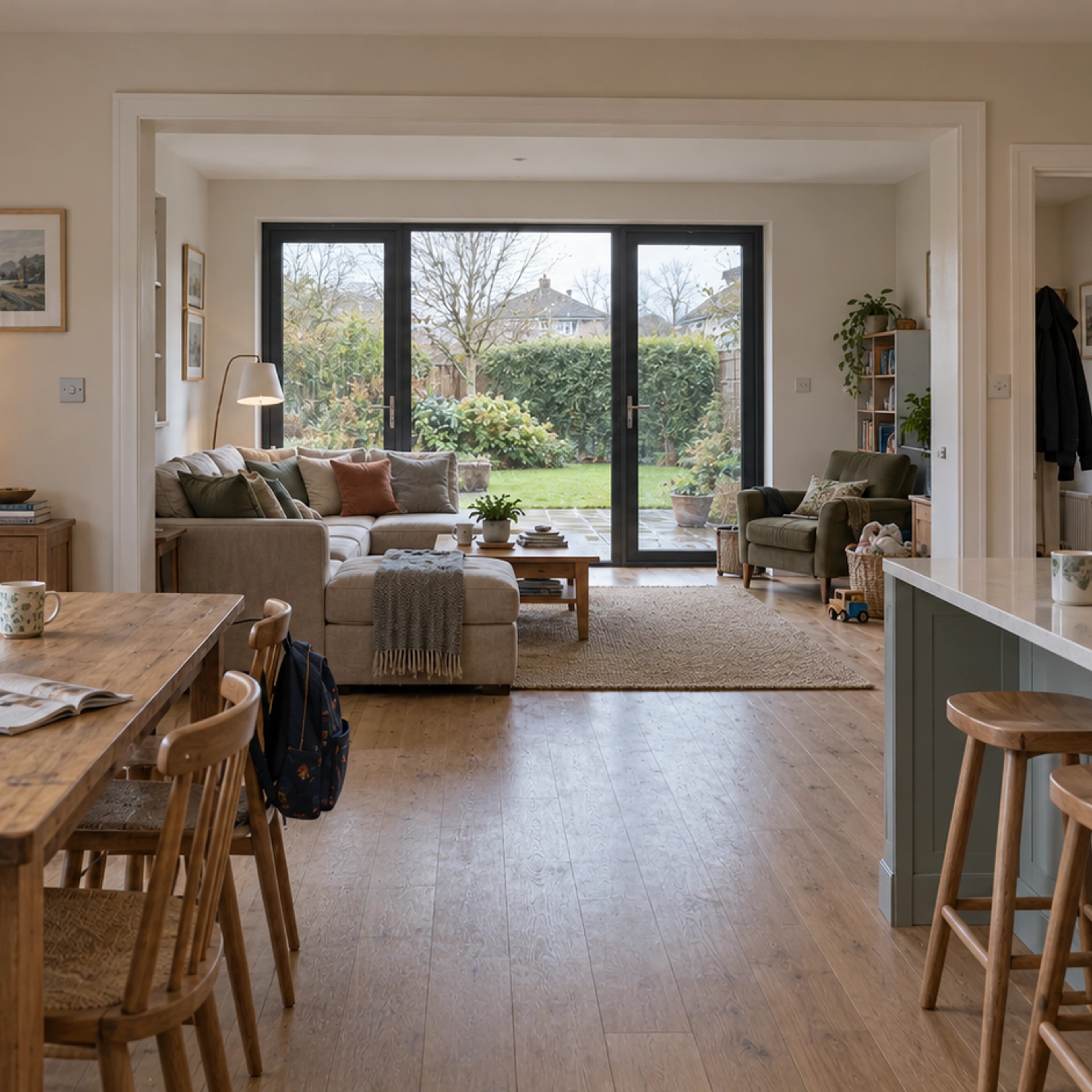Renovation inspiration showing connected kitchen, dining and family living spaces