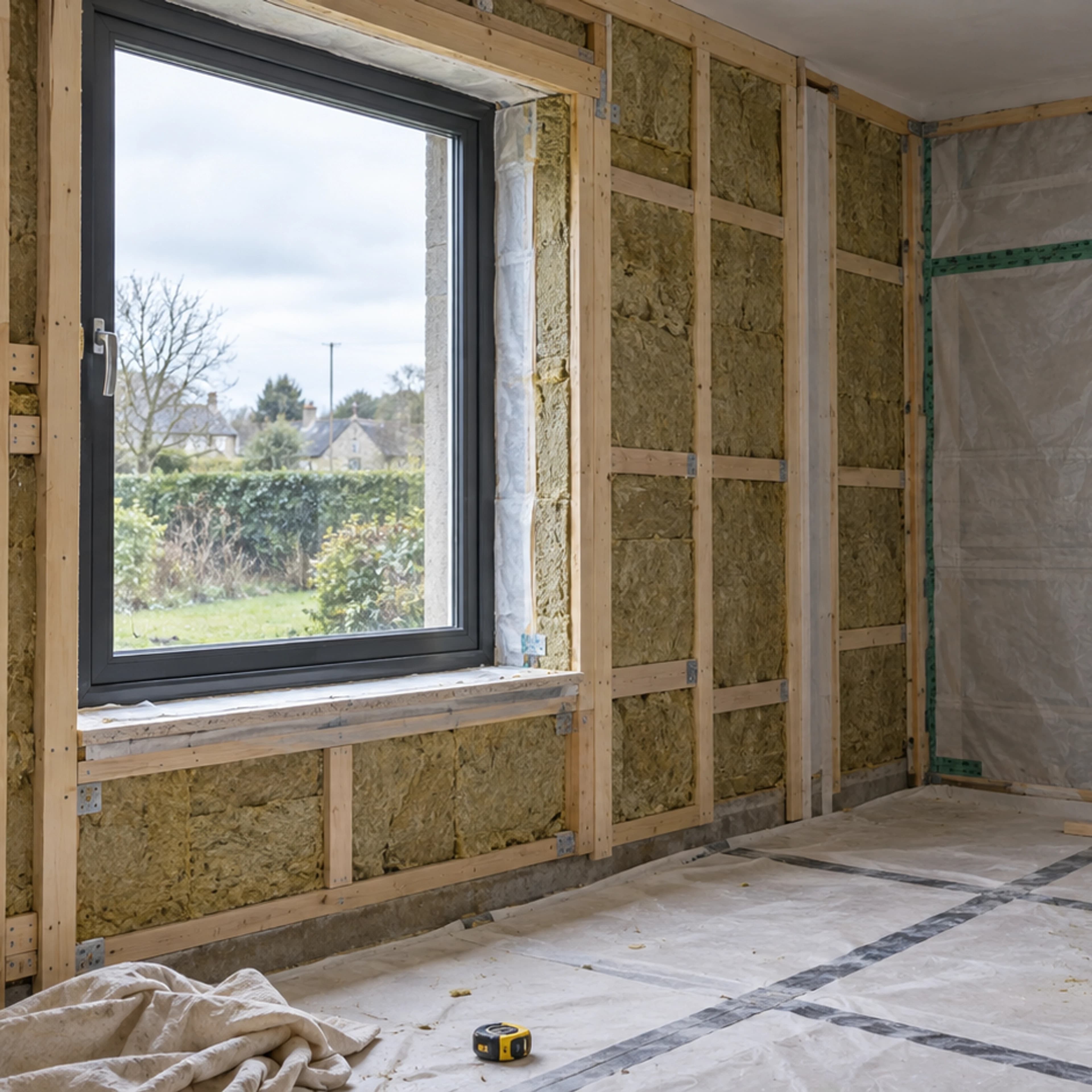 Mineral-wool insulation and airtightness work around a window during a whole-home retrofit