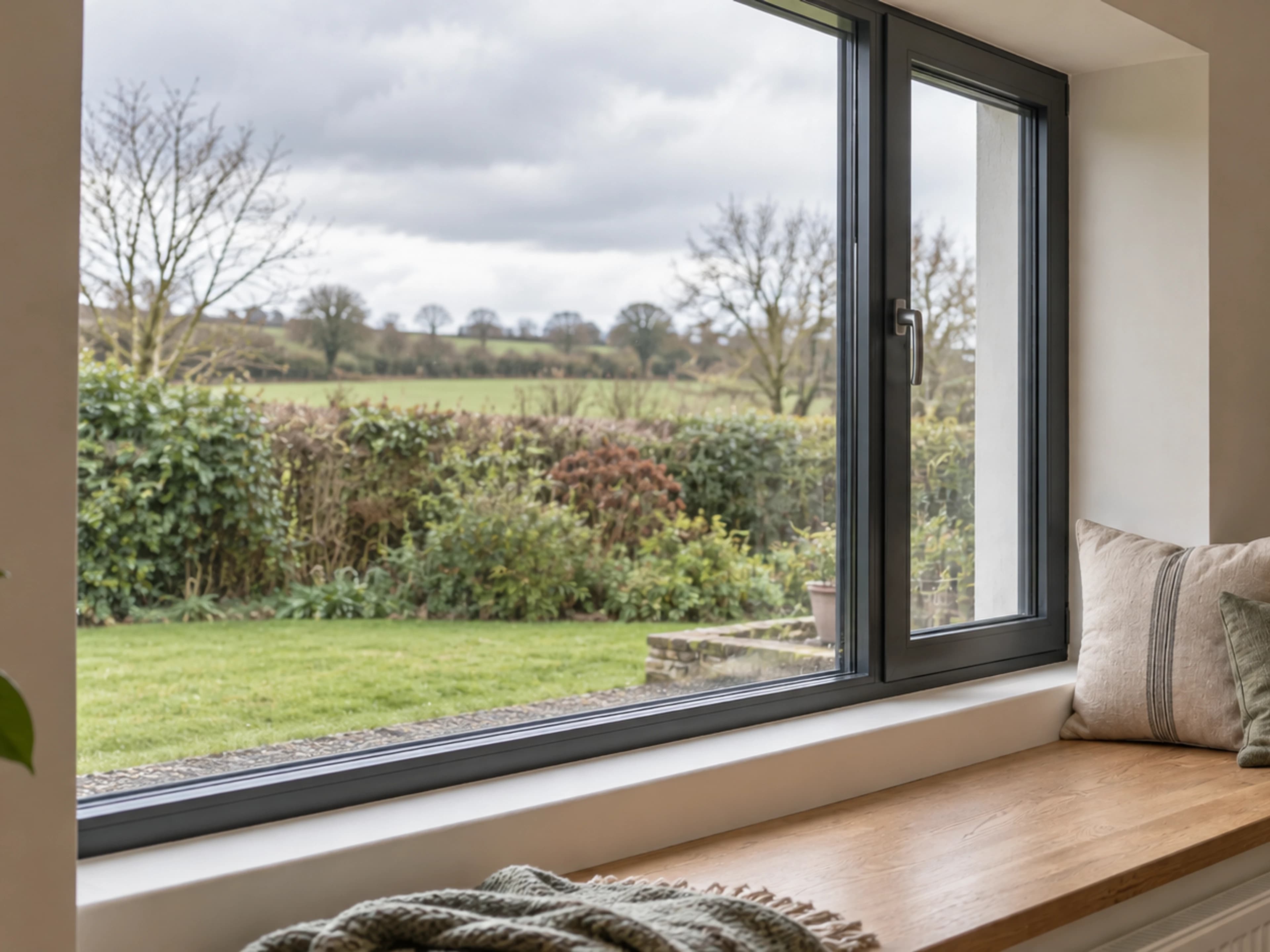 Deep insulated window reveal with a carefully finished frame and oak window seat